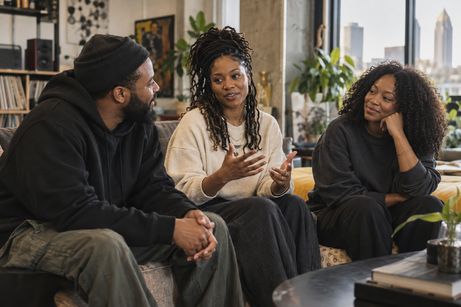 Three people having a supportive conversation